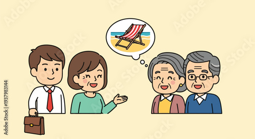 Cartoon illustration of a young businessman and woman talking to two elderly people with a thought bubble containing a beach chair over a pale yellow background.