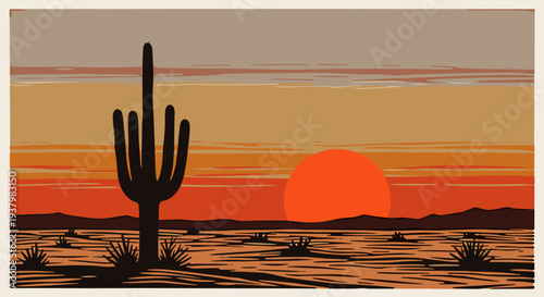 Cactus in Desert at Sunset.