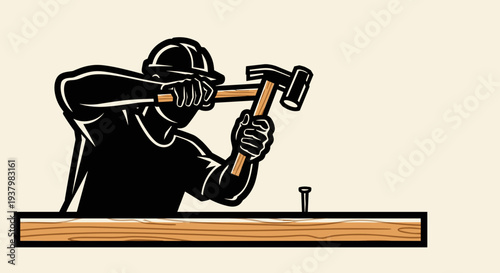 Carpenter Hammering Nail into Wood.