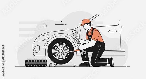 Mechanic Changing Car Tire Illustration.