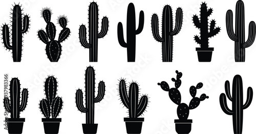 Set of Black Cactus Silhouettes and Potted Succulent Icons Featuring Saguaro Prickly Pear and Desert Plants for Western Landscaping Nature and Botanical Vector Design