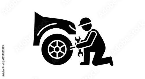 Mechanic Changing Car Tire Silhouette.