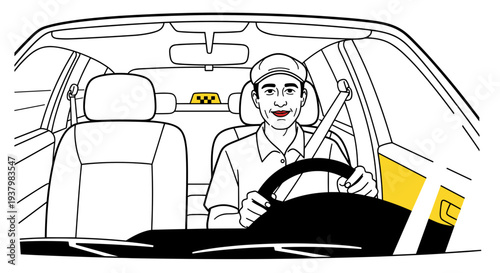 Taxi Driver in Car Illustration.