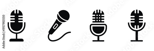 Microphone Icon Set, Podcast and Karaoke Mic Symbols for Web and Mobile Interface Design Vector Collection