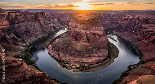 A stunning sunset over the Horseshoe Bend of the Colorado River in Arizona, showcasing vibrant colors and dramatic landscapes.