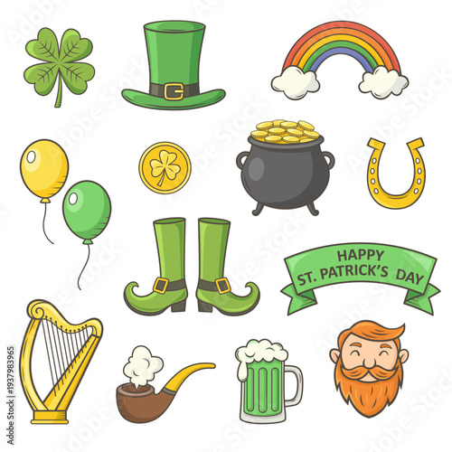 St. Patrick's Day  vector icon set with shamrock, leprechaun, pot of gold and Irish symbols
