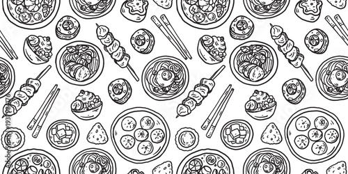 Hand drawn asian food seamless pattern . Whimsical food and drink doodles. Hand drawn vector illustration for menu, packaging design. Asian cuisine. Simple sketch style. Minimalist line art