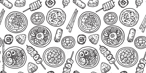 Hand drawn asian food seamless pattern . Whimsical food and drink doodles. Hand drawn vector illustration for menu, packaging design. Asian cuisine. Simple sketch style. Minimalist line art