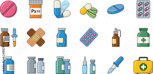 Colorful vector collection of various medical supplies including pills, prescription bottles, capsules, bandages, medicine vials, and a first aid kit for healthcare design.