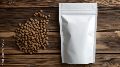  White paper biodegradable bag with zip lock. Packaging of dry pet cats or dogs food. Copy space mockup for logo design or text. Wooden table
