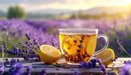 Steaming tea with lemon rests amid lavender blossoms on a wood surface, lavender field and sunlit hills in background