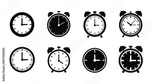 Collection of black silhouette clocks and alarm clocks on a white background