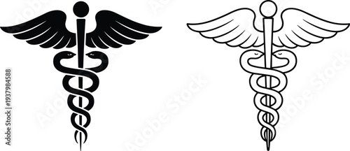 Caduceus Medical Symbol Black Silhouette and Outline on White Keywords: caduceus, medical symbol, healthcare, medicine, health