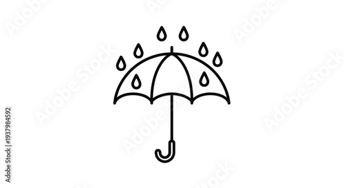 Simple line drawing of an open umbrella with raindrops falling above
