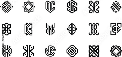 Diverse collection of abstract geometric interwoven design elements, featuring intricate symmetrical patterns suitable for modern branding, emblems, and graphic decorations