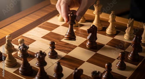 Hand moving a chess queen on a wooden chessboard