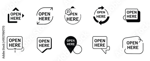 Open Here Icons Vector Set, Package Opening Tags and Symbols for Shipping Box Label Design