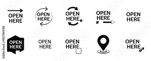 Open Here Icons Vector Set, Packaging Instruction Stickers and Labels for Parcel Box Design