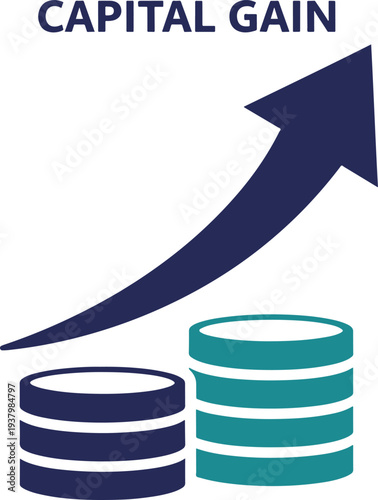 Capital gain text with upward arrow and increasing coin stacks