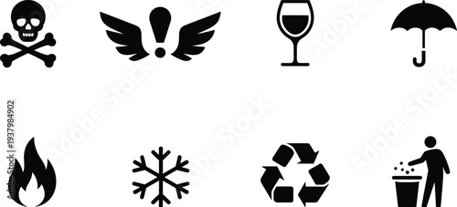 Collection of Eight Black Icons Including Skull, Exclamation Mark, Wine Glass, Umbrella, Fire, Snowflake, Recycle, and Trash