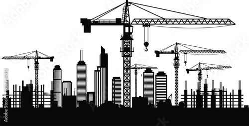 Urban construction skyline silhouette with tower cranes and high rise buildings isolated on light background for industrial city development and engineering concepts