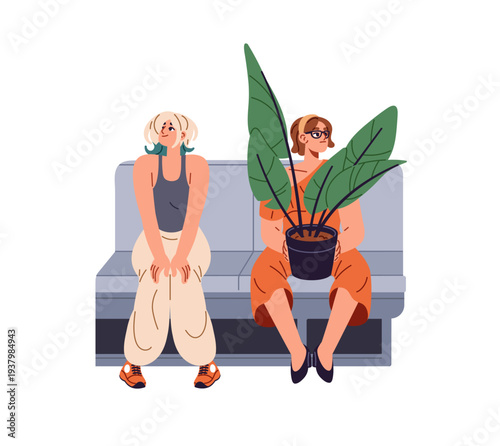 Passengers of metro sit on bench of subway carriage. Diverse girls ride a underground with houseplant. Young women are in public transport. Flat isolated vector illustration on white background