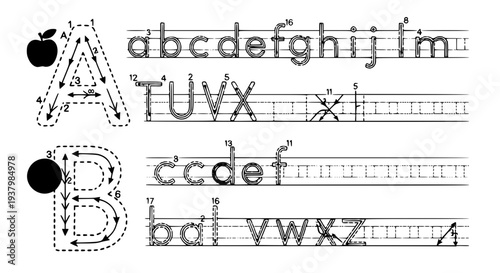 Kindergarten alphabet tracing worksheet letters A–B with dot tracing and educational illustrations