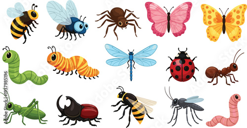 Colorful flat vector collection of various insects and bugs including bees, butterflies, ladybugs, caterpillars, and beetles for nature educational design and creative summer projects. (25 words)