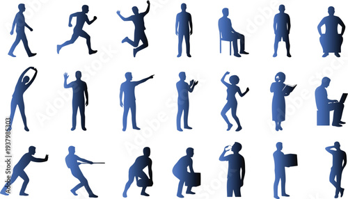 Collection of blue human silhouettes in various poses and actions on white background for design and illustration purposes