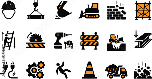 Collection of construction icons including vehicles and tools and equipment and signs  various symbols for building and engineering and architecture