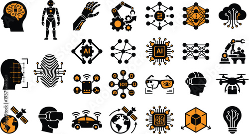 Collection of modern technology and artificial intelligence related icons for design and infographics  various symbols in black and orange