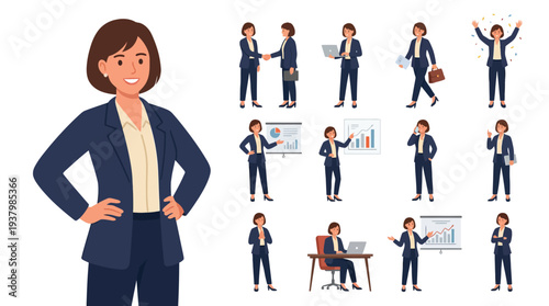 Business character icon set in various professional roles and actions