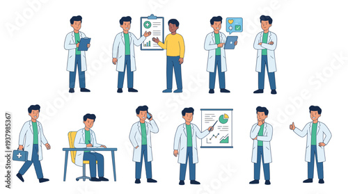 Doctor in various professional settings performing different actions illustrated in a flat design style
