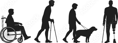 Disability support silhouettes wheelchair user blind person with guide dog prosthetic leg and crutches accessibility concept flat vector illustration