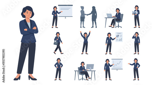 Businesswoman Icon Character Set in Various Business Settings and Actions