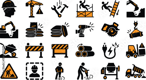 Construction icons set with various workers and equipment for building and engineering projects  orange and black