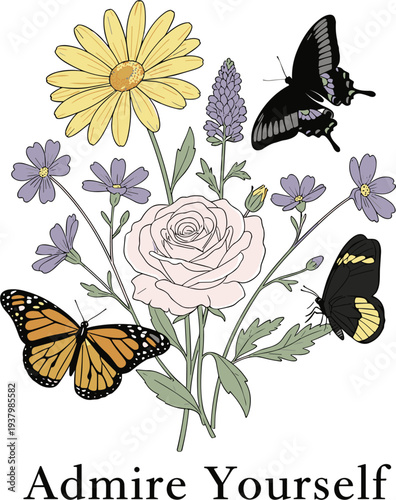 Beautiful hand drawn vector illustration of a wildflower bouquet featuring roses, daisies, and lavender with monarch and swallowtail butterflies and inspirational quote text.