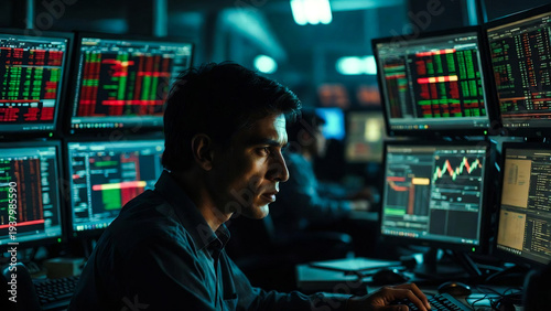 A man intently monitors multiple stock market screens in a dark, high-tech control room.