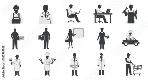 Silhouetted Figures Representing Various Professions and Occupations.