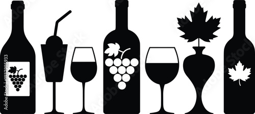 Silhouettes of Wine Bottles Glasses and a Vase illustration vector