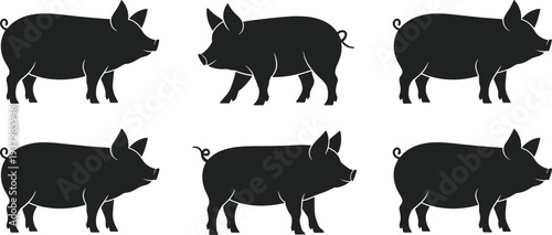 Six Black Silhouettes of Pigs Facing Left on a White Background animal farm