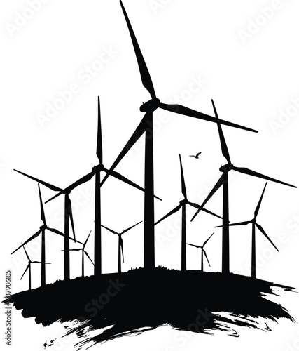Black Silhouette Vector of Wind Turbine Farm on a Grungy Hill Surface featuring Renewable Energy Concept for Sustainable Power Generation and Environmental Conservation