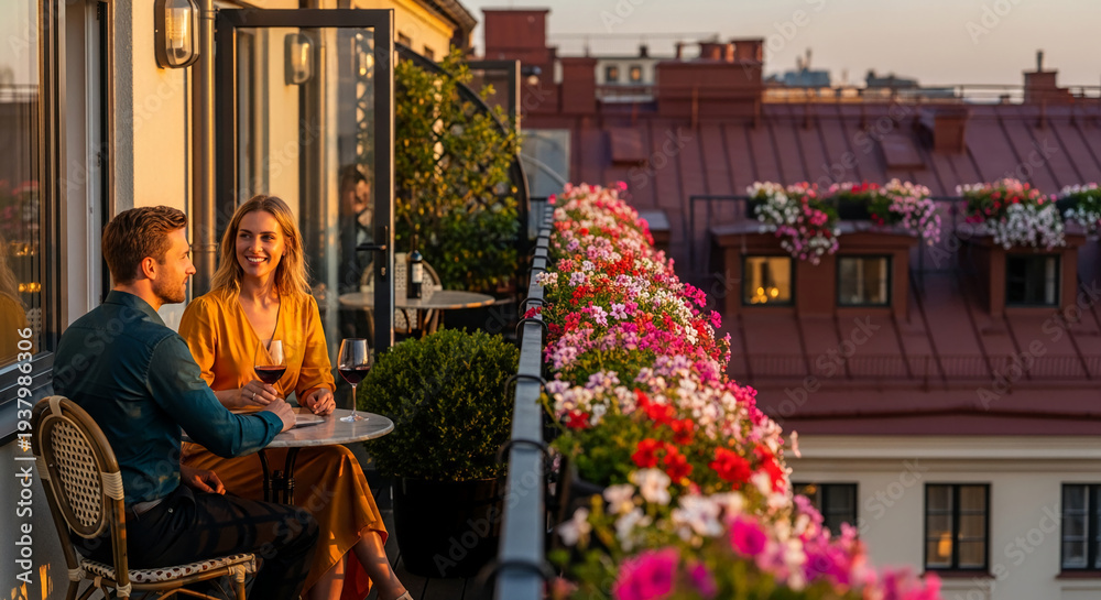 Obraz premium Couple enjoys wine on a flower-filled balcony overlooking rooftops, representing a relaxed lifestyle and moments of connection during sunset light