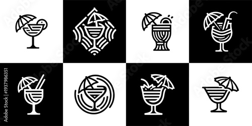 Icon Set Vector of 8 Cocktail Drinks Beach Umbrella Icons