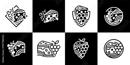 Icon Set Vector of 8 Cheese and Grapes Gourmet Appetizer Symbols