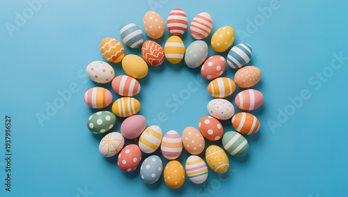 Colorful Easter eggs arranged in circle on blue background