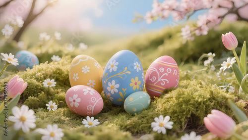 Colorful Easter eggs in a vibrant spring garden with flowers
