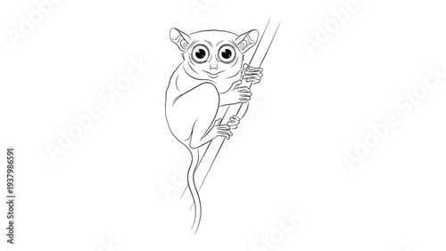 Tarsier Portrait: Captivating illustration of a tarsier clinging delicately to a slender branch, its large, expressive eyes conveying wonder and curiosity.