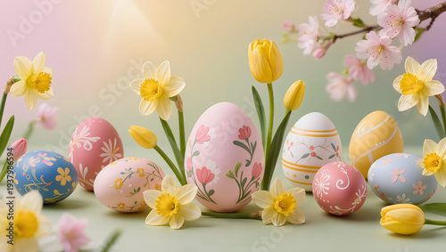 Colorful Easter eggs surrounded by vibrant spring flowers