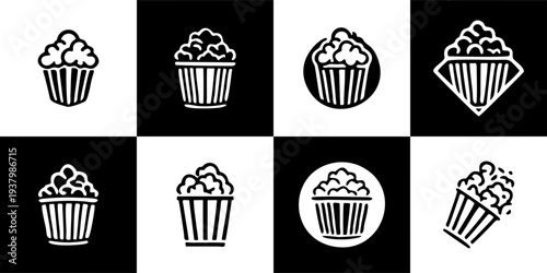 Icon Set Vector of 8 Popcorn Bucket Cinema and Movie Night Symbols